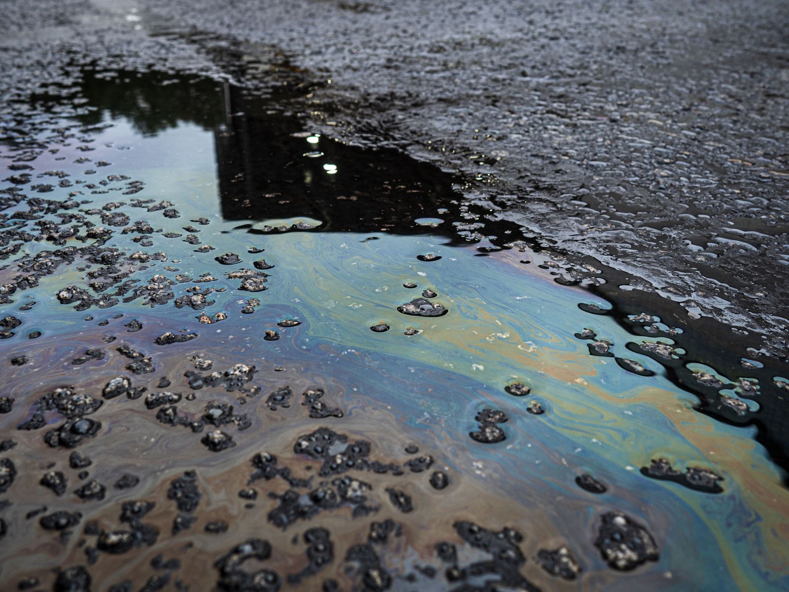 Macro photograph of an oil film on wet asphalt, showing muted cyan, violet and gold interference bands separated by near-black.